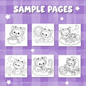 May include: Six black and white colouring pages featuring a character in a crab costume. The top text reads SAMPLE PAGES. The scenes include the character cooking, holding a shell, having tea, sitting by the ocean, playing with a star, and resting in a rocking chair.