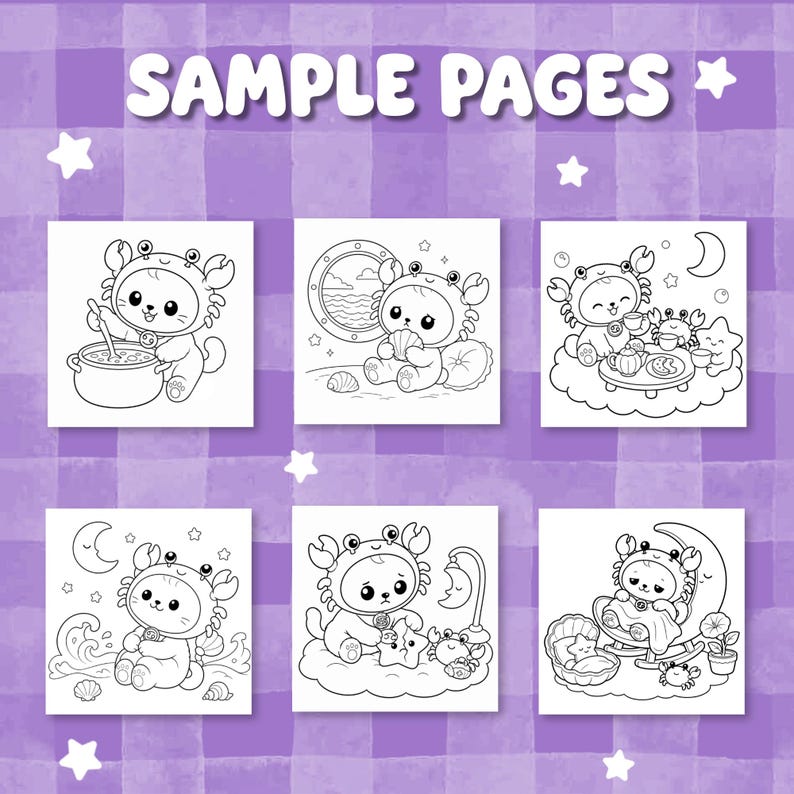 May include: Six black and white colouring pages featuring a character in a crab costume. The top text reads SAMPLE PAGES. The scenes include the character cooking, holding a shell, having tea, sitting by the ocean, playing with a star, and resting in a rocking chair.