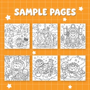 May include: Black and white coloring book pages featuring whimsical illustrations of animals in various scenes. The text "SAMPLE PAGES" is displayed at the top. The images include a lion, bunny, and other characters.