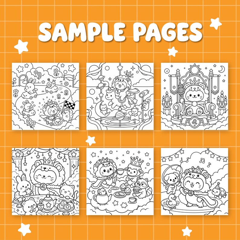 May include: Black and white coloring book pages featuring whimsical illustrations of animals in various scenes. The text "SAMPLE PAGES" is displayed at the top. The images include a lion, bunny, and other characters.