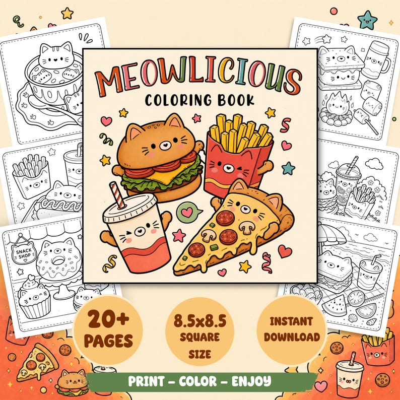 May include: A Meowlicious coloring book featuring a cover with a cartoon cat-shaped burger, fries, pizza slice, and drink. The cover includes the text Meowlicious Coloring Book, 20+ pages, 8.5x8.5 square size, instant download, and print-color-enjoy.
