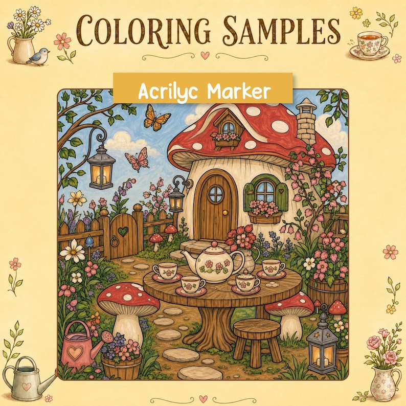May include: A coloring page sample featuring a mushroom-shaped house with a red roof, a wooden table set with a teapot and cups, a garden with flowers, butterflies, and lanterns. The text reads COLORING SAMPLES and Acrilyc Marker.