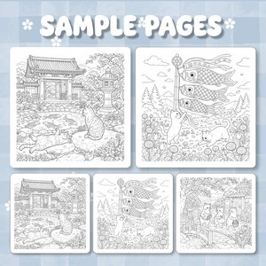 May include: A collection of coloring pages labeled SAMPLE PAGES featuring black and white line art illustrations of cats in various settings, including a garden with a pond, koi fish, a temple gate, and carp-shaped wind socks.