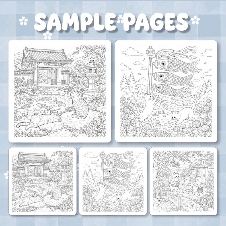 May include: A collection of coloring pages labeled SAMPLE PAGES featuring black and white line art illustrations of cats in various settings, including a garden with a pond, koi fish, a temple gate, and carp-shaped wind socks.