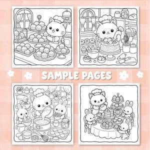 May include: Four black and white coloring book pages featuring cartoon cats and rabbits in a bakery setting. The illustrations show characters baking, decorating cakes, mixing batter, and hosting a tea party with various pastries and kitchen tools.