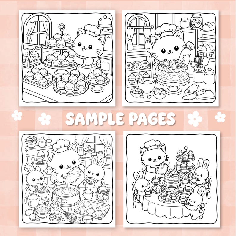 May include: Four black and white coloring book pages featuring cartoon cats and rabbits in a bakery setting. The illustrations show characters baking, decorating cakes, mixing batter, and hosting a tea party with various pastries and kitchen tools.