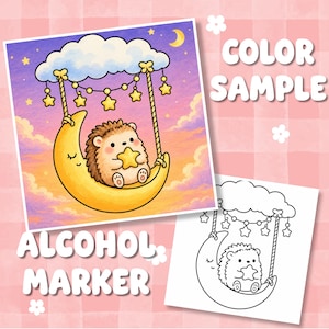 May include: A digital illustration featuring a hedgehog sitting on a yellow crescent moon swing suspended from a blue cloud, with yellow star decorations and a night sky background. The text COLOR SAMPLE and ALCOHOL MARKER is visible.
