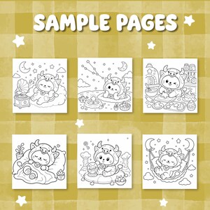 May include: Six black and white coloring pages featuring a cartoon cat wearing a cow costume. The text SAMPLE PAGES appears at the top. The cat is shown in various scenes including listening to a record player, gardening, baking, sleeping, looking at a crystal ball, and resting in a hanging moon swing.