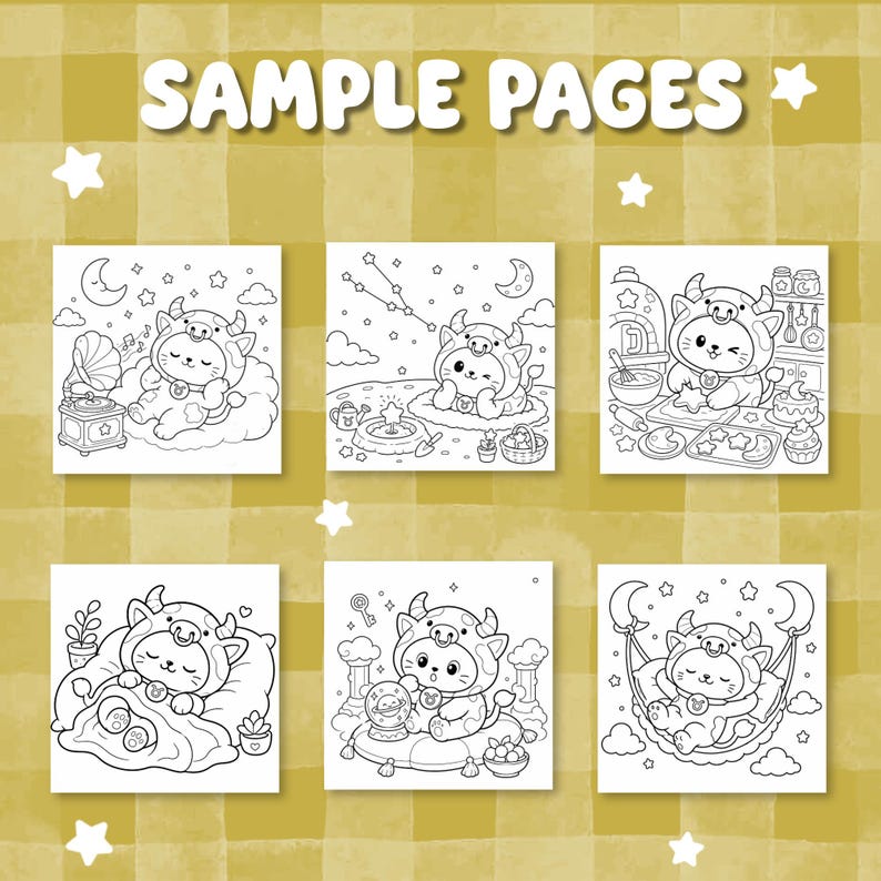 May include: Six black and white coloring pages featuring a cartoon cat wearing a cow costume. The text SAMPLE PAGES appears at the top. The cat is shown in various scenes including listening to a record player, gardening, baking, sleeping, looking at a crystal ball, and resting in a hanging moon swing.