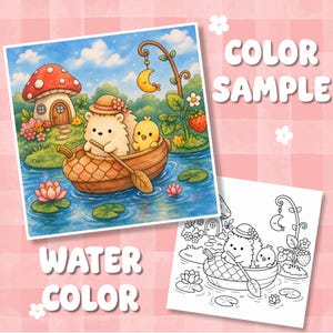 May include: A watercolour illustration and a black and white line art drawing featuring a hedgehog and a chick in a small boat on a pond. The scene includes a mushroom house, a hanging crescent moon, and water lilies. Text reads COLOR SAMPLE and WATER COLOUR.
