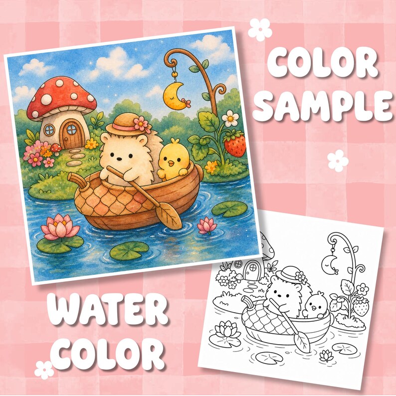 May include: A watercolour illustration and a black and white line art drawing featuring a hedgehog and a chick in a small boat on a pond. The scene includes a mushroom house, a hanging crescent moon, and water lilies. Text reads COLOR SAMPLE and WATER COLOUR.