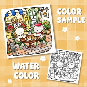Páginas para colorear de acogedora cafetería-panadería estilo cottagecore, libro para colorear relajante para adultos y niños. imagen 4