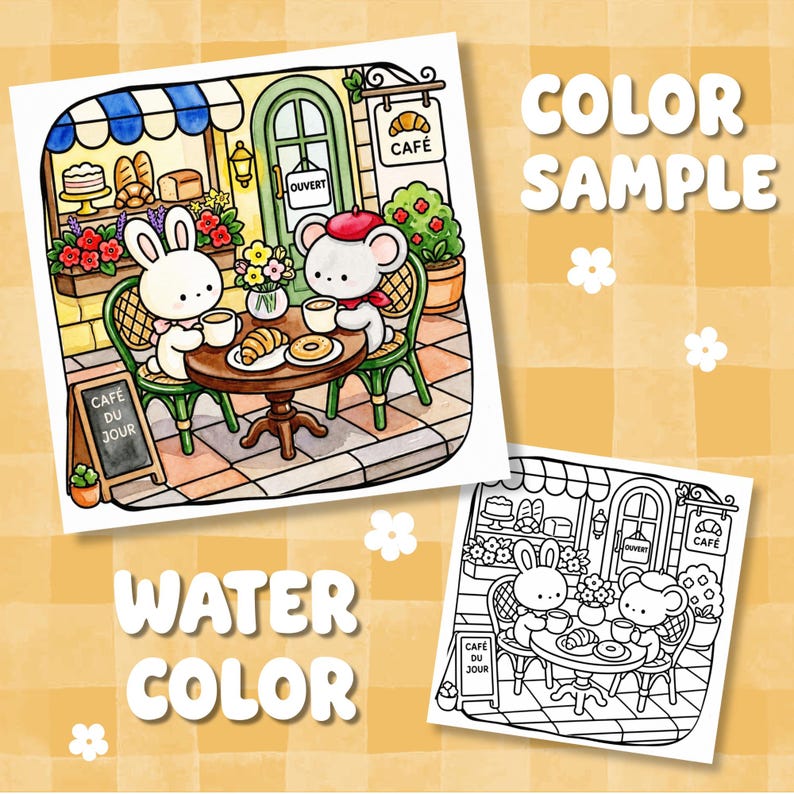 Páginas para colorear de acogedora cafetería-panadería estilo cottagecore, libro para colorear relajante para adultos y niños. imagen 4