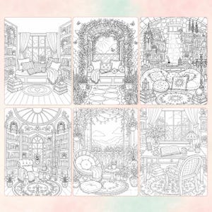 May include: Six black and white coloring pages featuring detailed illustrations of cozy indoor and outdoor scenes. Each page depicts a different room or space, including libraries, reading nooks, and balconies, all adorned with plants and floral elements.