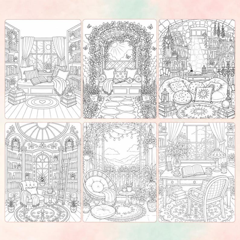 May include: Six black and white coloring pages featuring detailed illustrations of cozy indoor and outdoor scenes. Each page depicts a different room or space, including libraries, reading nooks, and balconies, all adorned with plants and floral elements.