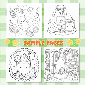 以下が含まれることがあります： かわいいキャラクターや食べ物が描かれた4枚の白黒の塗り絵ページ。左上はスナックを持ったバナナのキャラクター、右上は瓶とグラス、左下は飲み物、右下は部屋の中にいるキャラクターが描かれています。