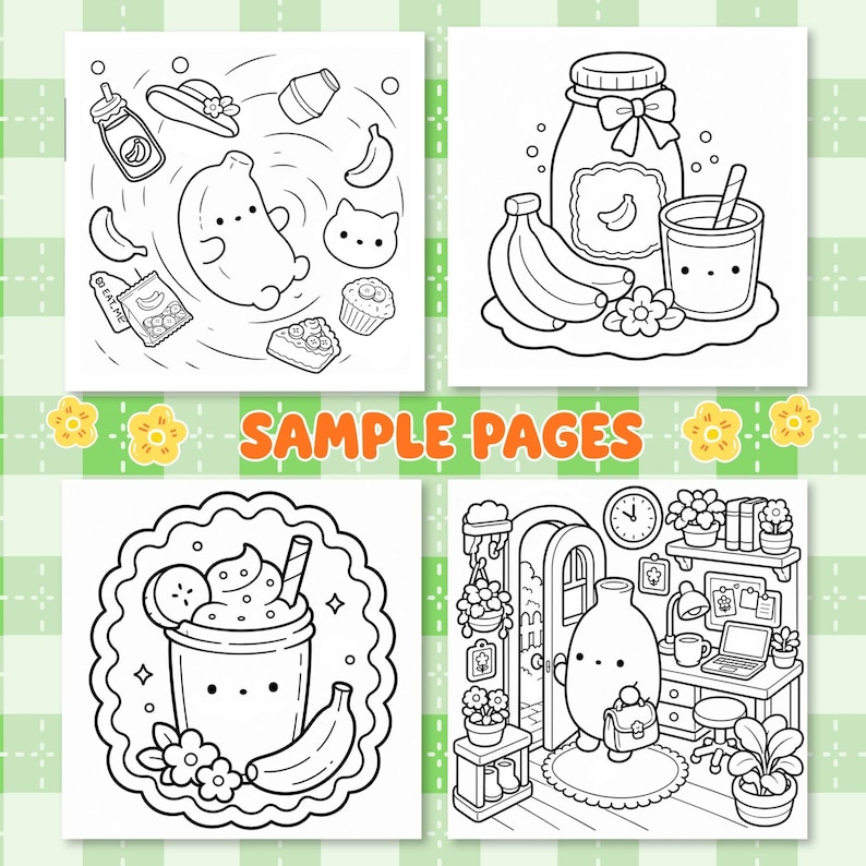 以下が含まれることがあります： かわいいキャラクターや食べ物が描かれた4枚の白黒の塗り絵ページ。左上はスナックを持ったバナナのキャラクター、右上は瓶とグラス、左下は飲み物、右下は部屋の中にいるキャラクターが描かれています。