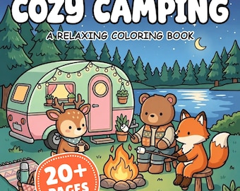Livro de colorir para acampamento aconchegante em PDF para imprimir, páginas com animais da floresta ao redor da fogueira para adultos e crianças.