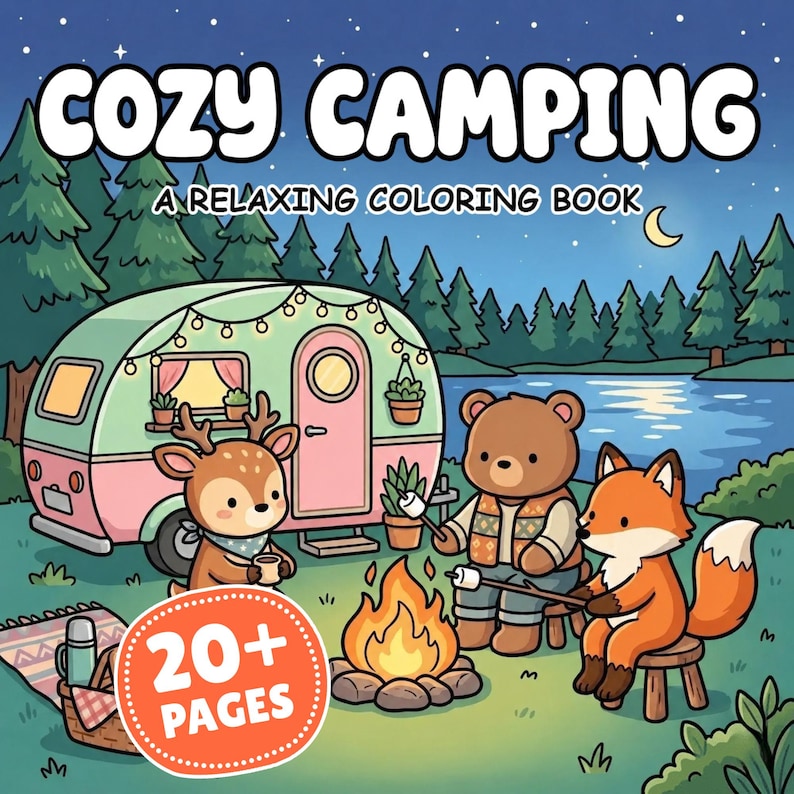 Puede incluir: Un libro para colorear titulado COZY CAMPING A RELAXING COLORING BOOK con una ilustraci&oacute;n de dibujos animados de una caravana, un ciervo, un oso y un zorro junto a una fogata. Una insignia circular naranja muestra 20+ PAGES.