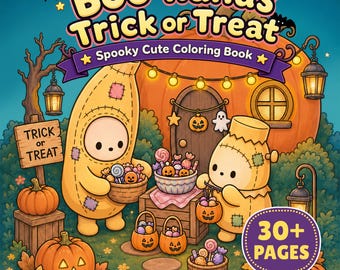 Livro de colorir aconchegante e assustador com bananas, páginas para imprimir para o Halloween (download digital).