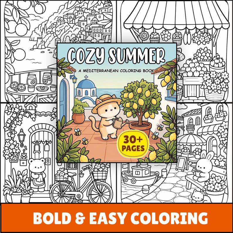 Cozy Summer Cottagecore Mediterranean Coloring Pages, Hobby Relaxing Colouring Book for adult and kids image 2