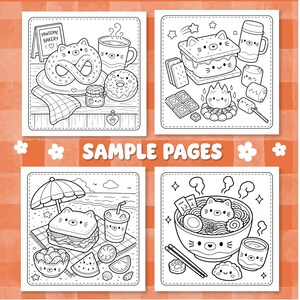May include: Four black and white coloring pages featuring cute cat-themed food illustrations. The top left shows a bakery scene with a pretzel, donut, and sign reading PAWSOME BAKERY. Other panels depict s'mores, a beach picnic, and a bowl of ramen.