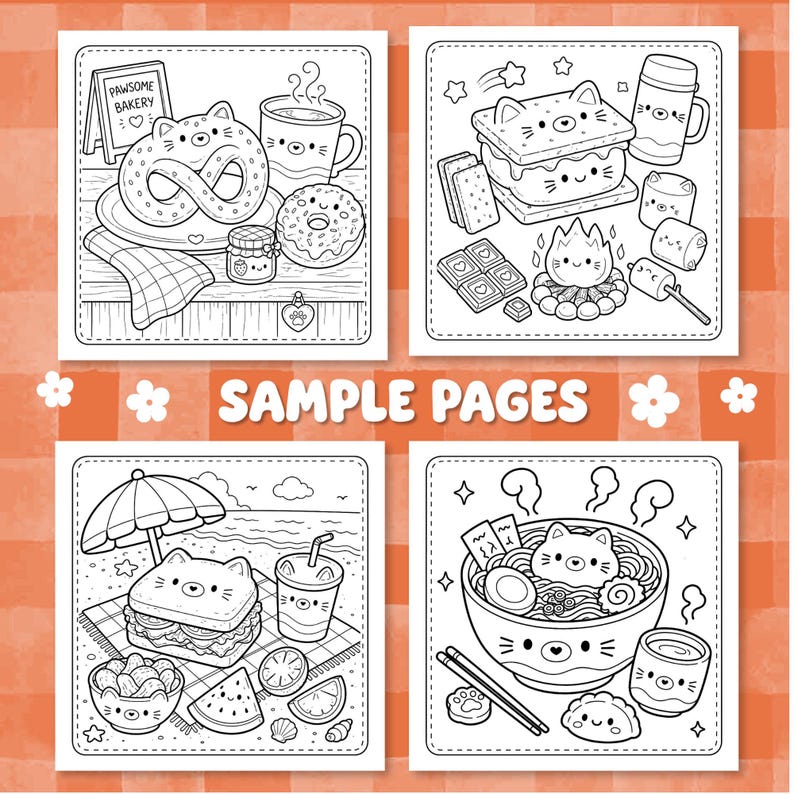 May include: Four black and white coloring pages featuring cute cat-themed food illustrations. The top left shows a bakery scene with a pretzel, donut, and sign reading PAWSOME BAKERY. Other panels depict s'mores, a beach picnic, and a bowl of ramen.