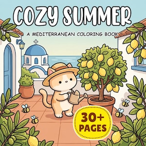 Cozy Summer Cottagecore Mediterranean Coloring Pages, Hobby Relaxing Colouring Book for adult and kids image 1