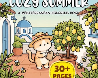 Páginas para colorir aconchegantes de verão com estilo mediterrâneo, livro de colorir relaxante para adultos e crianças.