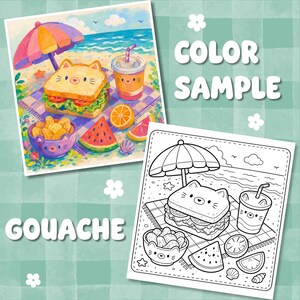 May include: A color sample and a black and white line art version of a beach picnic scene featuring a cat-shaped sandwich, a cat-themed drink, a bowl of snacks, and fruit slices under a beach umbrella, with the text COLOR SAMPLE and GOUACHE.