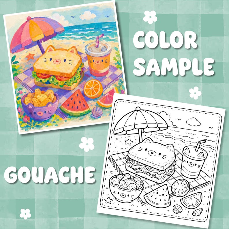 May include: A color sample and a black and white line art version of a beach picnic scene featuring a cat-shaped sandwich, a cat-themed drink, a bowl of snacks, and fruit slices under a beach umbrella, with the text COLOR SAMPLE and GOUACHE.