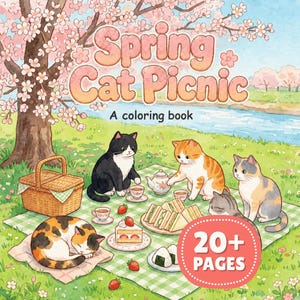 May include: A coloring book titled Spring Cat Picnic featuring a watercolor illustration of four cats on a green checkered blanket under a cherry blossom tree. The scene includes a picnic basket, tea set, sandwiches, and cake. A red circular badge states 20+ PAGES.