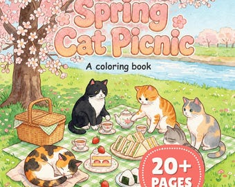 Livro de colorir imprimível com piquenique de gatos japoneses na primavera, páginas kawaii da época das sakuras, download instantâneo