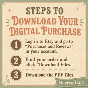 May include: A square instructional graphic with a cream background and green border. The text reads: STEPS TO DOWNLOAD YOUR DIGITAL PURCHASE. 1. Log in to Etsy and go to Purchases and Reviews. 2. Find your order and click Download Files. 3. Download the PDF files.