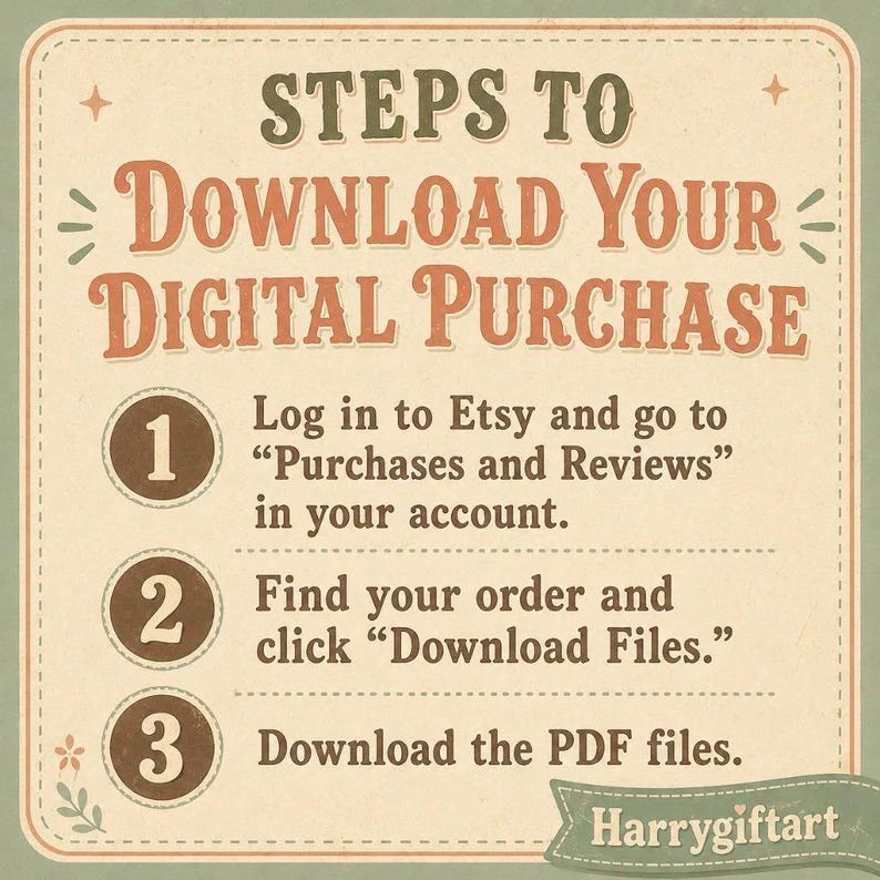 May include: A square instructional graphic with a cream background and green border. The text reads: STEPS TO DOWNLOAD YOUR DIGITAL PURCHASE. 1. Log in to Etsy and go to Purchases and Reviews. 2. Find your order and click Download Files. 3. Download the PDF files.