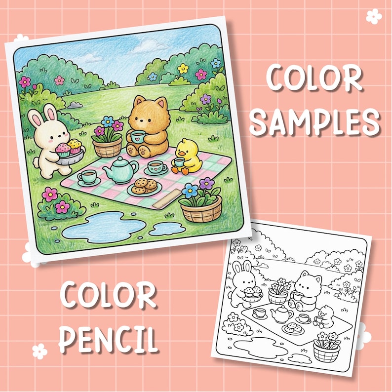 May include: A coloring page set featuring a picnic scene with a rabbit, a bear, and a duckling on a checkered blanket. The colored version shows green grass, blue sky, and flowers. The text COLOR SAMPLES and COLOR PENCIL is visible.