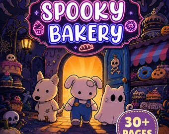 Livro de colorir aconchegante e assustador de uma padaria: bolos, doces, fantasias e abóboras de Halloween para imprimir (download digital).