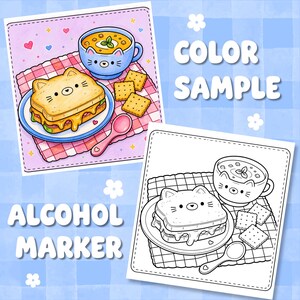 May include: A coloring page featuring a cat-shaped sandwich, a cat-faced mug of soup, and crackers on a checkered cloth. The image includes a colored version and a black and white line art version with the text COLOR SAMPLE and ALCOHOL MARKER.