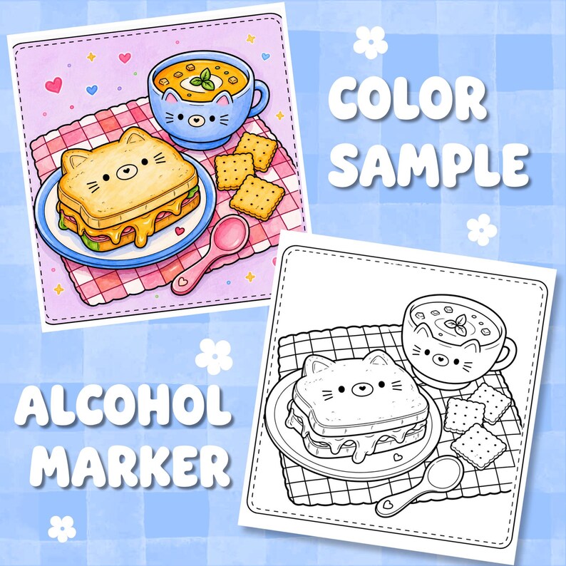 May include: A coloring page featuring a cat-shaped sandwich, a cat-faced mug of soup, and crackers on a checkered cloth. The image includes a colored version and a black and white line art version with the text COLOR SAMPLE and ALCOHOL MARKER.