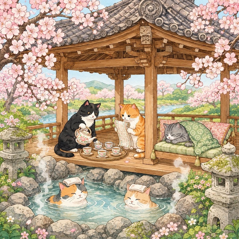 May include: A wooden pavilion surrounded by cherry blossoms features a black cat pouring tea, an orange cat reading a scroll, and a gray cat resting on a bench. Two cats with white towels on their heads soak in a stone hot spring below.