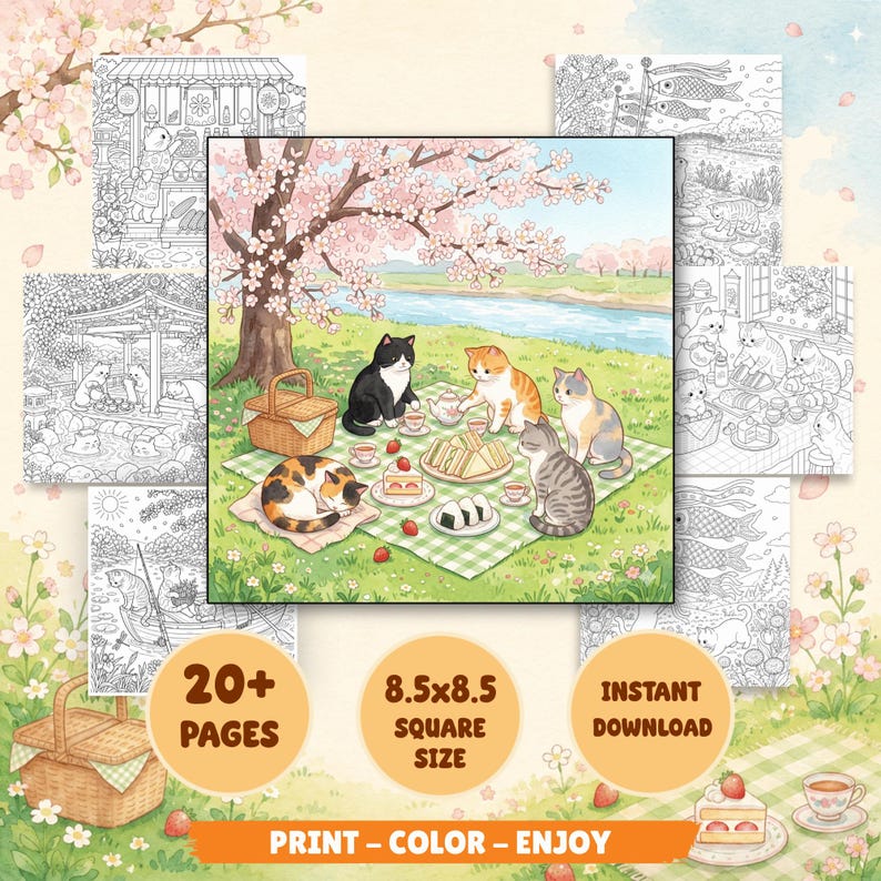 May include: A digital coloring book featuring 20+ pages of cat illustrations. The central image shows five cats having a picnic on a green checkered blanket under a cherry blossom tree, with a basket, tea set, sandwiches, and strawberries.