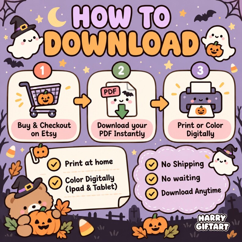Puede incluir: Un gr&aacute;fico instructivo morado titulado HOW TO DOWNLOAD con tres pasos numerados que muestran fantasmas, calabazas y un oso. Explica el proceso de compra, descarga de PDF e impresi&oacute;n o coloreado digital con iconos.