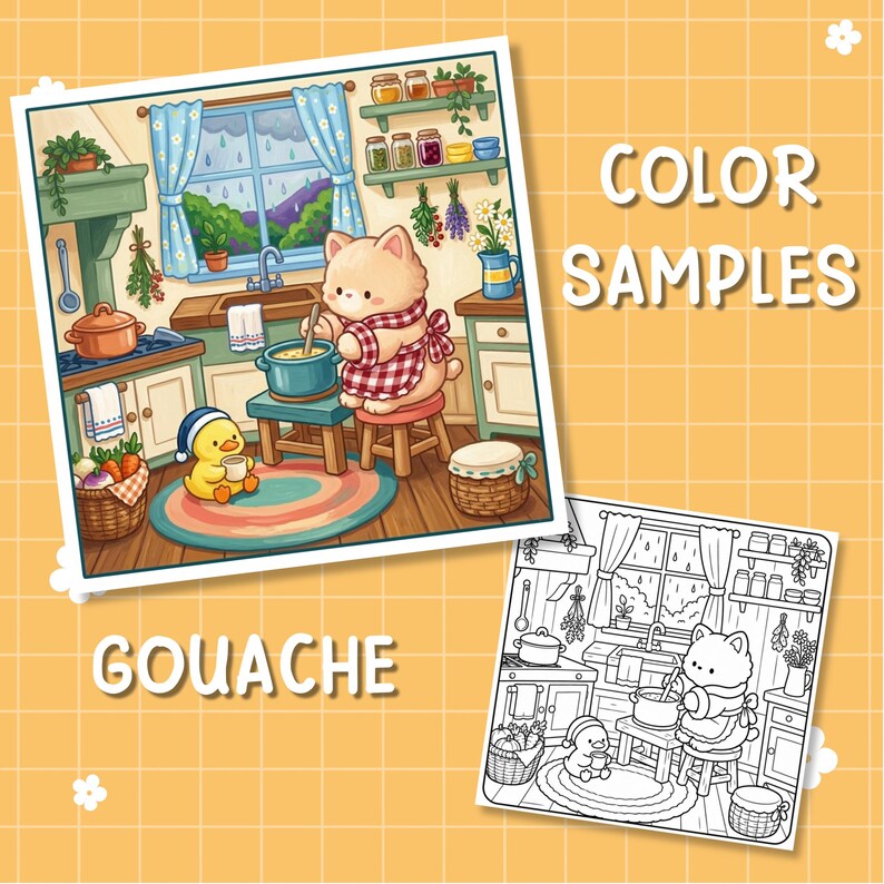 May include: A digital illustration showing a kitchen scene with a cat cooking in a pot and a duckling sitting on a rug. The image includes a colored version and a black and white line art version, labeled with the text COLOR SAMPLES and GOUACHE.