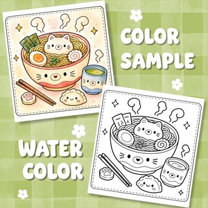 May include: Two square coloring pages featuring a cat-themed ramen bowl, a small dumpling, and a tea cup. One page is a full-color illustration with warm tones, while the other is a black and white line art version. The text reads COLOR SAMPLE and WATER COLOR.
