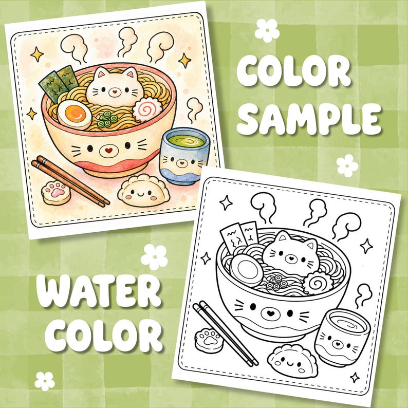 May include: Two square coloring pages featuring a cat-themed ramen bowl, a small dumpling, and a tea cup. One page is a full-color illustration with warm tones, while the other is a black and white line art version. The text reads COLOR SAMPLE and WATER COLOR.