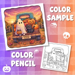 May include: A coloring page set featuring a blue pickup truck filled with orange pumpkins, a white ghost, and a black cat. The truck bed has a sign that reads PUMPKIN PICKUP. The set includes a full-color version and a black and white line art version.