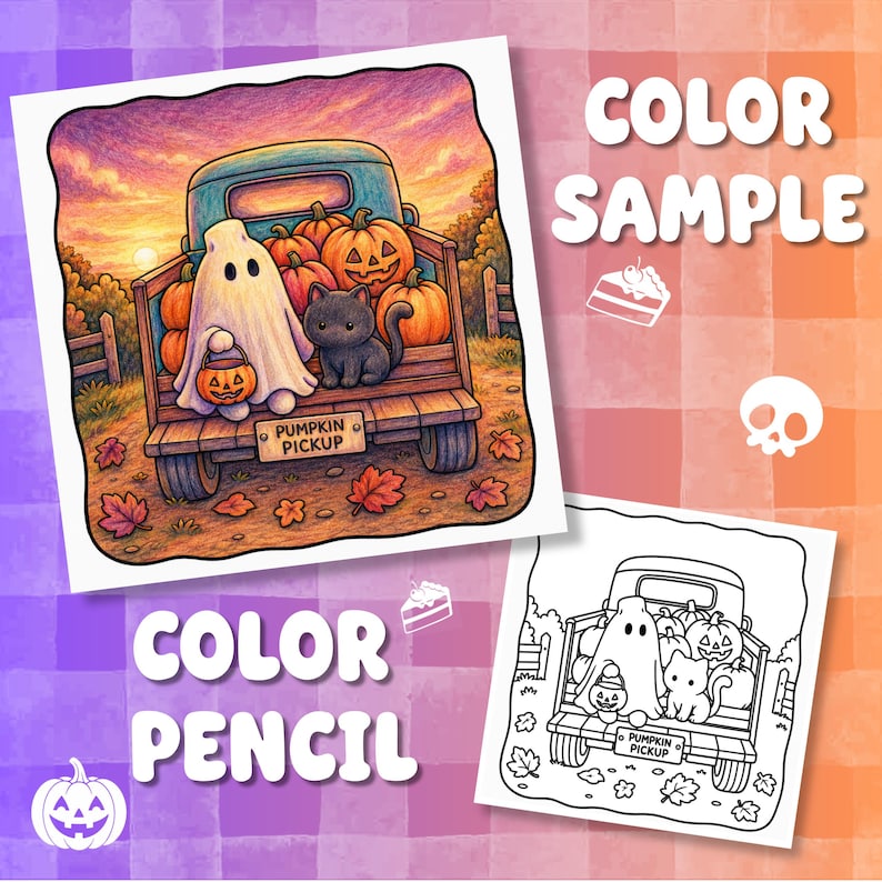 May include: A coloring page set featuring a blue pickup truck filled with orange pumpkins, a white ghost, and a black cat. The truck bed has a sign that reads PUMPKIN PICKUP. The set includes a full-color version and a black and white line art version.
