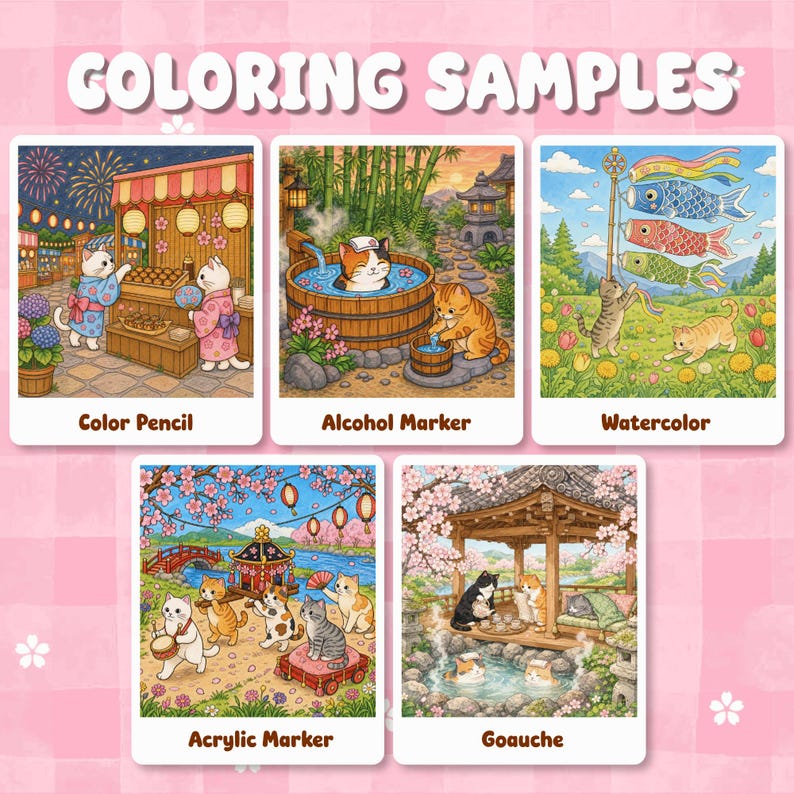 May include: Five rectangular coloring samples featuring cat illustrations labeled Color Pencil, Alcohol Marker, Watercolor, Acrylic Marker, and Gouache. The text COLORING SAMPLES appears at the top of the pink background with white cherry blossom accents.