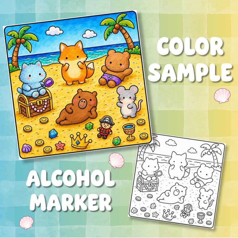 May include: A colour sample and a black and white line art illustration featuring a beach scene with a blue cat on a treasure chest, an orange fox, a brown bear, a brown capybara, a grey mouse, and a pirate figure with gold coins and gems.