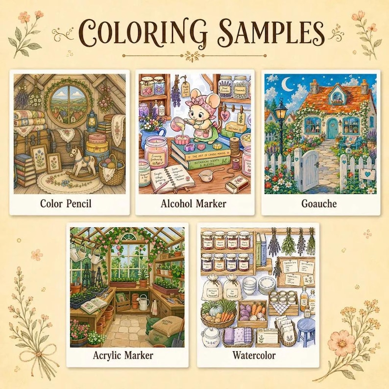 Peut inclure: L'image intitul&eacute;e "COLORING SAMPLES" pr&eacute;sente cinq illustrations : "Color Pencil", "Alcohol Marker", "Gouache", "Acrylic Marker" et "Watercolor". Chaque illustration repr&eacute;sente une sc&egrave;ne d&eacute;taill&eacute;e et color&eacute;e, comme une pi&egrave;ce confortable ou un charmant cottage, d&eacute;montrant diverses techniques de coloriage.
